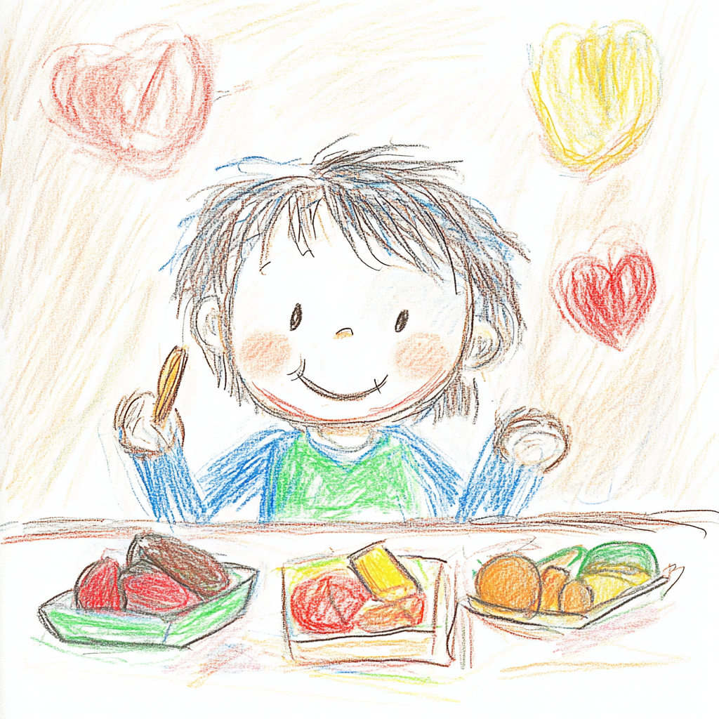給食を食べている子どもの原文イラスト
