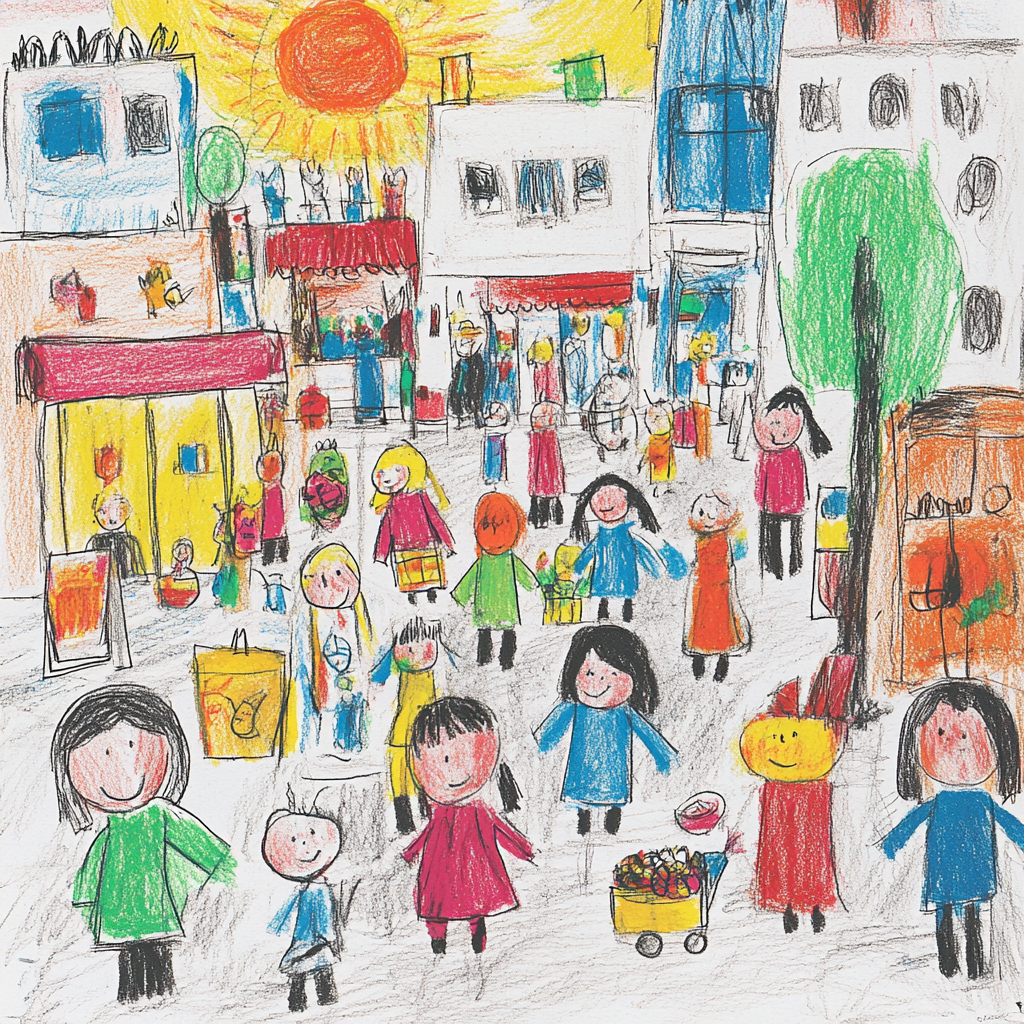 こどもが地域の愛情に包まれて育つ街を描いたイラスト